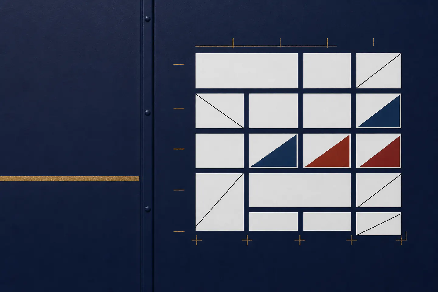 Blank white endorsement panels arranged as a matrix on a deep indigo surface